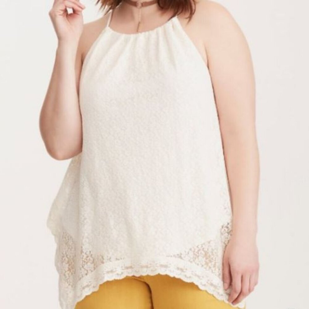 Retired! Ivory Lace Mock Neck Shark Bite Top With Rope Tie